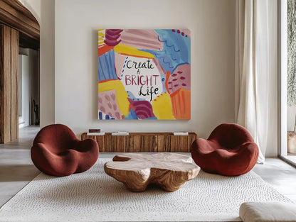 Abstract Affirmations II v2 by Farida Zaman. Shown as extra-large giant wall art in a modern living room. Available as an archival giclee rolled canvas, fine art paper, or poster print. SKU 42913a.