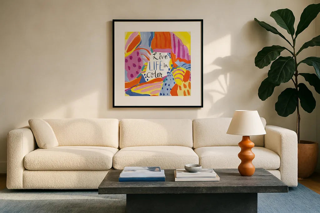 Abstract Affirmations III by Farida Zaman. Displayed in a glass frame with matte in a clean modern living room. Available as an archival giclee rolled canvas, fine art paper, or poster print. SKU 42530a.