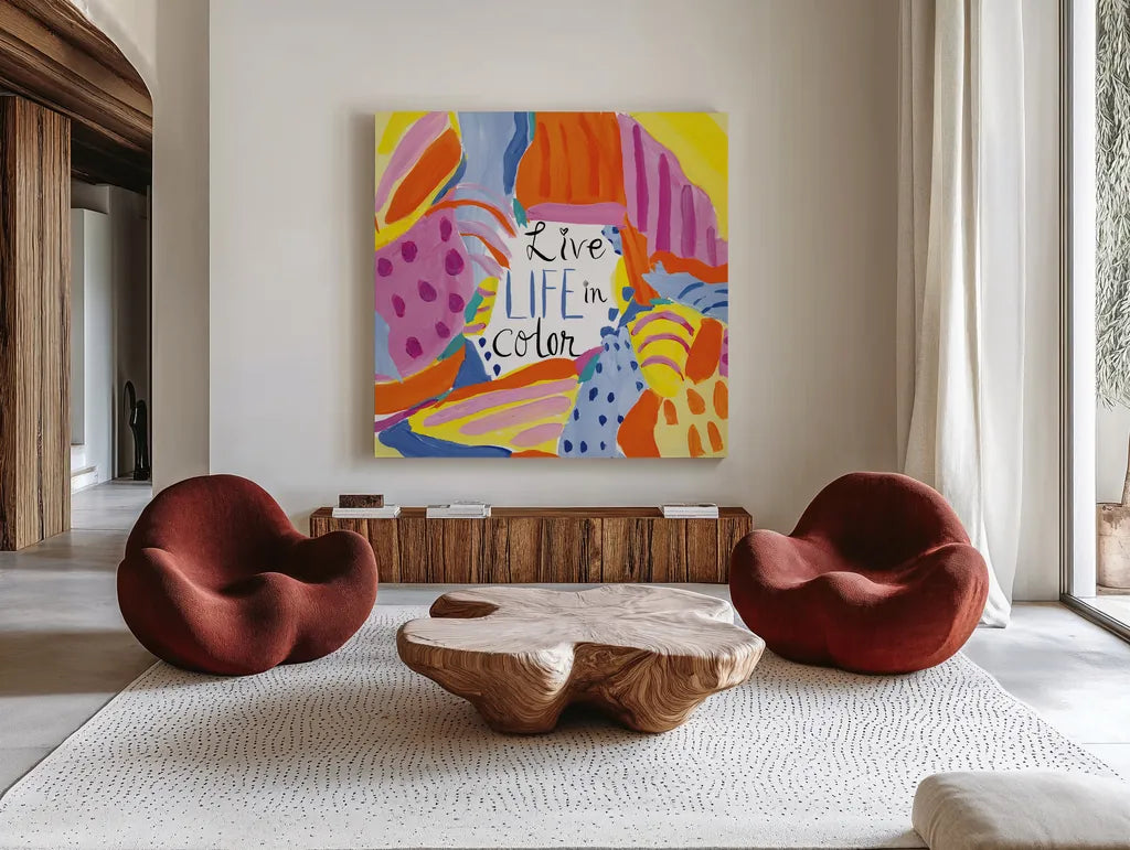 Abstract Affirmations III by Farida Zaman. Shown as extra-large giant wall art in a modern living room. Available as an archival giclee rolled canvas, fine art paper, or poster print. SKU 42530a.