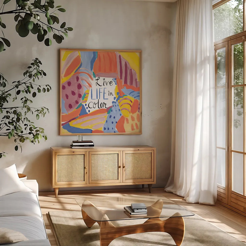 Abstract Affirmations III v2 by Farida Zaman. Shown in a natural wood frame in a cozy modern living room. Available as an archival giclee rolled canvas, fine art paper, or poster print. SKU 42914a.