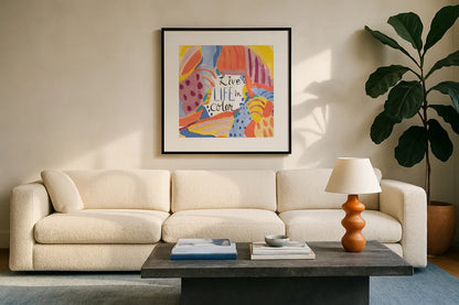 Abstract Affirmations III v2 by Farida Zaman. Displayed in a glass frame with matte in a clean modern living room. Available as an archival giclee rolled canvas, fine art paper, or poster print. SKU 42914a.