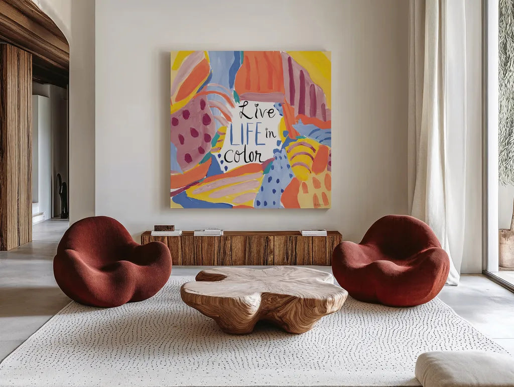 Abstract Affirmations III v2 by Farida Zaman. Shown as extra-large giant wall art in a modern living room. Available as an archival giclee rolled canvas, fine art paper, or poster print. SKU 42914a.