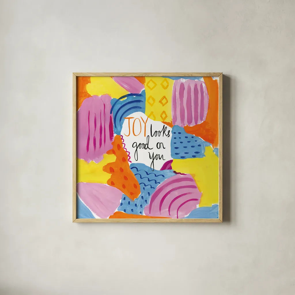 Abstract Affirmations IV by Farida Zaman. Shown in a natural wood glass frame for a timeless modern aesthetic. Available as an archival giclee rolled canvas, fine art paper, or poster print. SKU 42531a.