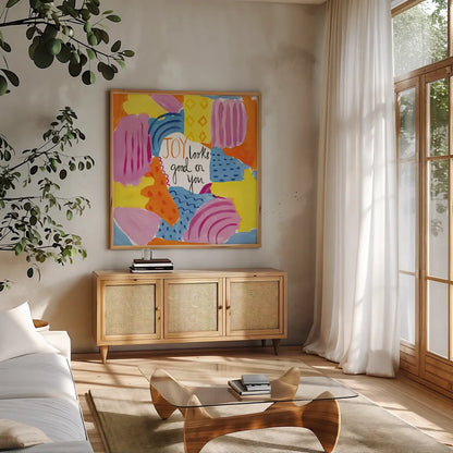 Abstract Affirmations IV by Farida Zaman. Shown in a natural wood frame in a cozy modern living room. Available as an archival giclee rolled canvas, fine art paper, or poster print. SKU 42531a.