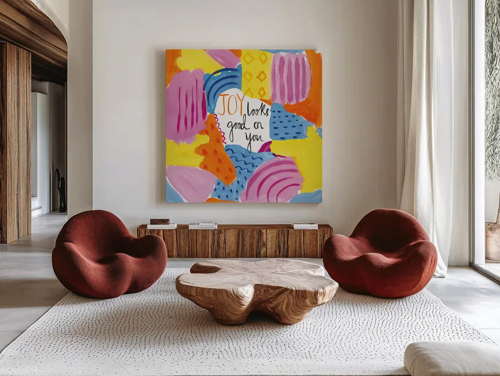 Abstract Affirmations IV by Farida Zaman. Shown as extra-large giant wall art in a modern living room. Available as an archival giclee rolled canvas, fine art paper, or poster print. SKU 42531a.