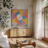 Abstract Affirmations IV v2 by Farida Zaman. Shown in a natural wood frame in a cozy modern living room. Available as an archival giclee rolled canvas, fine art paper, or poster print. SKU 42915a.