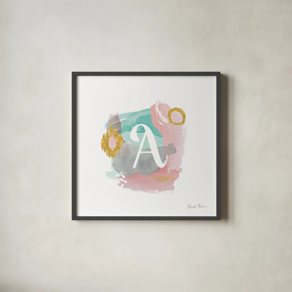 Abstract Monogram A by Farida Zaman. Shown in a sleek black glass frame for a contemporary gallery look. Available as an archival giclee rolled canvas, fine art paper, or poster print. SKU 48433a.