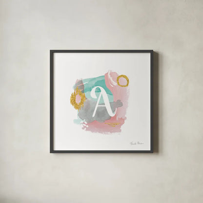Abstract Monogram A by Farida Zaman. Shown in a sleek black glass frame for a contemporary gallery look. Available as an archival giclee rolled canvas, fine art paper, or poster print. SKU 48433a.