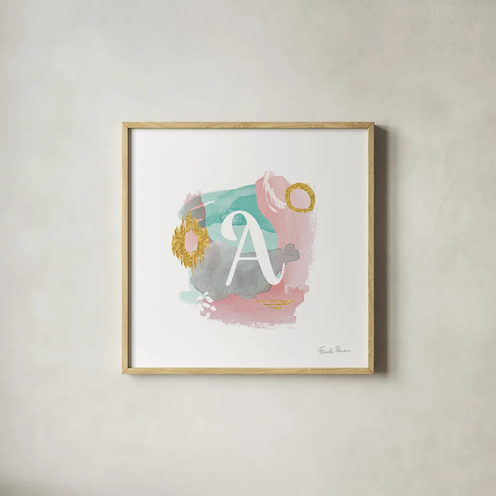 Abstract Monogram A by Farida Zaman. Shown in a natural wood glass frame for a timeless modern aesthetic. Available as an archival giclee rolled canvas, fine art paper, or poster print. SKU 48433a.