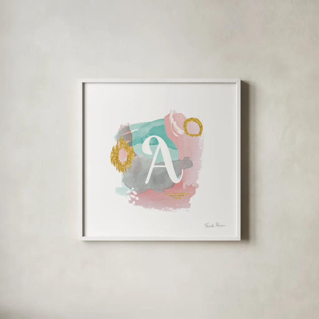 Abstract Monogram A by Farida Zaman. Shown in a crisp white glass frame for a clean and minimalist style. Available as an archival giclee rolled canvas, fine art paper, or poster print. SKU 48433a.