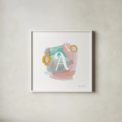 Abstract Monogram A by Farida Zaman. Shown in a crisp white glass frame for a clean and minimalist style. Available as an archival giclee rolled canvas, fine art paper, or poster print. SKU 48433a.