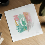 Abstract Monogram C by Farida Zaman. Shown as a detailed flat fine art print, highlighting archival giclee quality. Available as an archival giclee rolled canvas, fine art paper, or poster print. SKU 48434a.