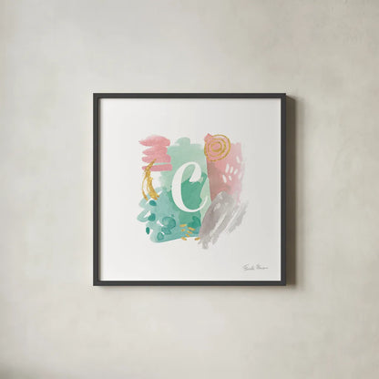 Abstract Monogram C by Farida Zaman. Shown in a sleek black glass frame for a contemporary gallery look. Available as an archival giclee rolled canvas, fine art paper, or poster print. SKU 48434a.