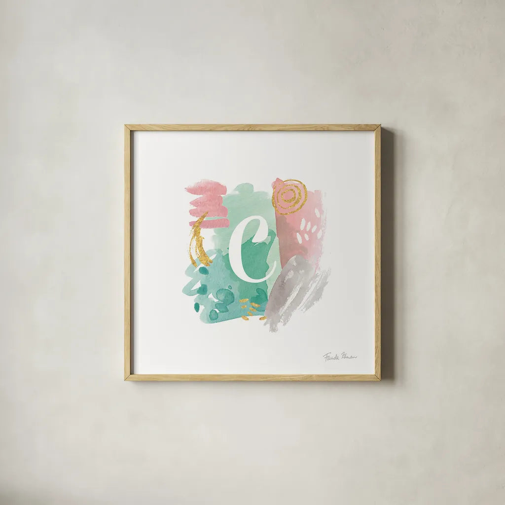 Abstract Monogram C by Farida Zaman. Shown in a natural wood glass frame for a timeless modern aesthetic. Available as an archival giclee rolled canvas, fine art paper, or poster print. SKU 48434a.