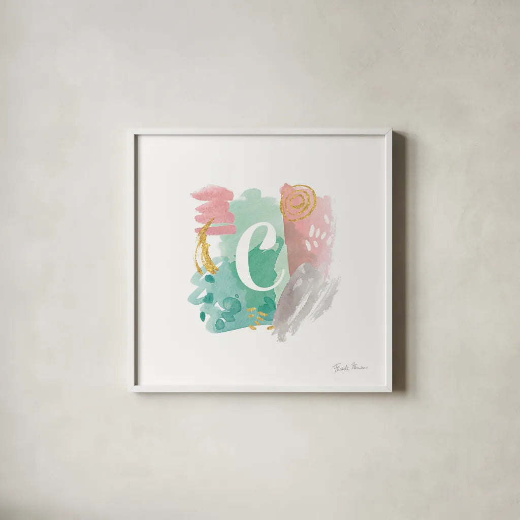 Abstract Monogram C by Farida Zaman. Shown in a crisp white glass frame for a clean and minimalist style. Available as an archival giclee rolled canvas, fine art paper, or poster print. SKU 48434a.