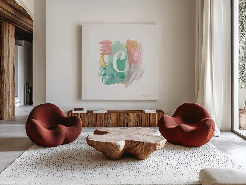 Abstract Monogram C by Farida Zaman. Shown as extra-large giant wall art in a modern living room. Available as an archival giclee rolled canvas, fine art paper, or poster print. SKU 48434a.