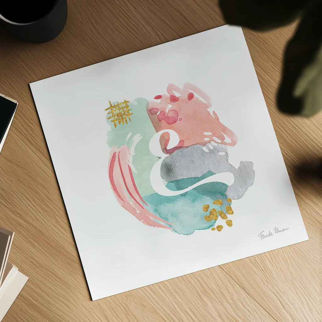 Abstract Monogram E by Farida Zaman. Shown as a detailed flat fine art print, highlighting archival giclee quality. Available as an archival giclee rolled canvas, fine art paper, or poster print. SKU 48435a.