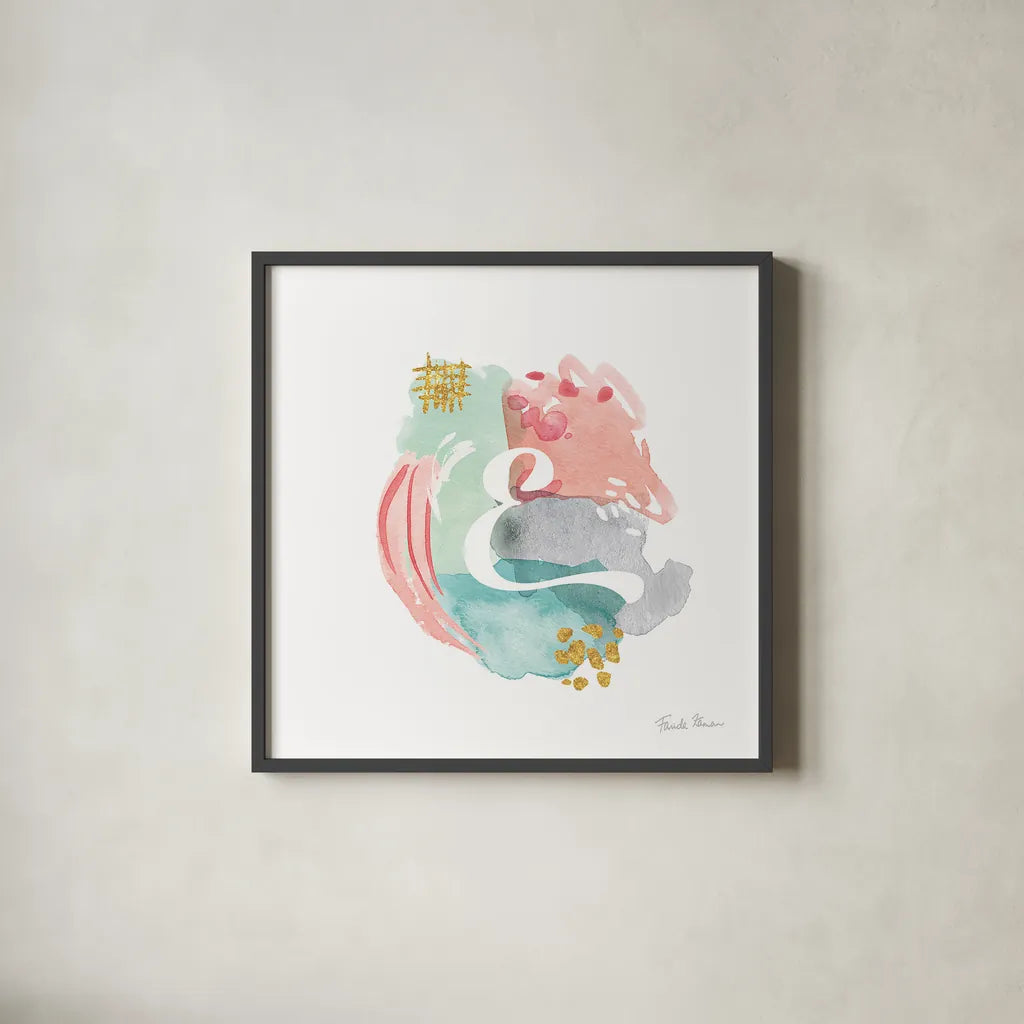 Abstract Monogram E by Farida Zaman. Shown in a sleek black glass frame for a contemporary gallery look. Available as an archival giclee rolled canvas, fine art paper, or poster print. SKU 48435a.
