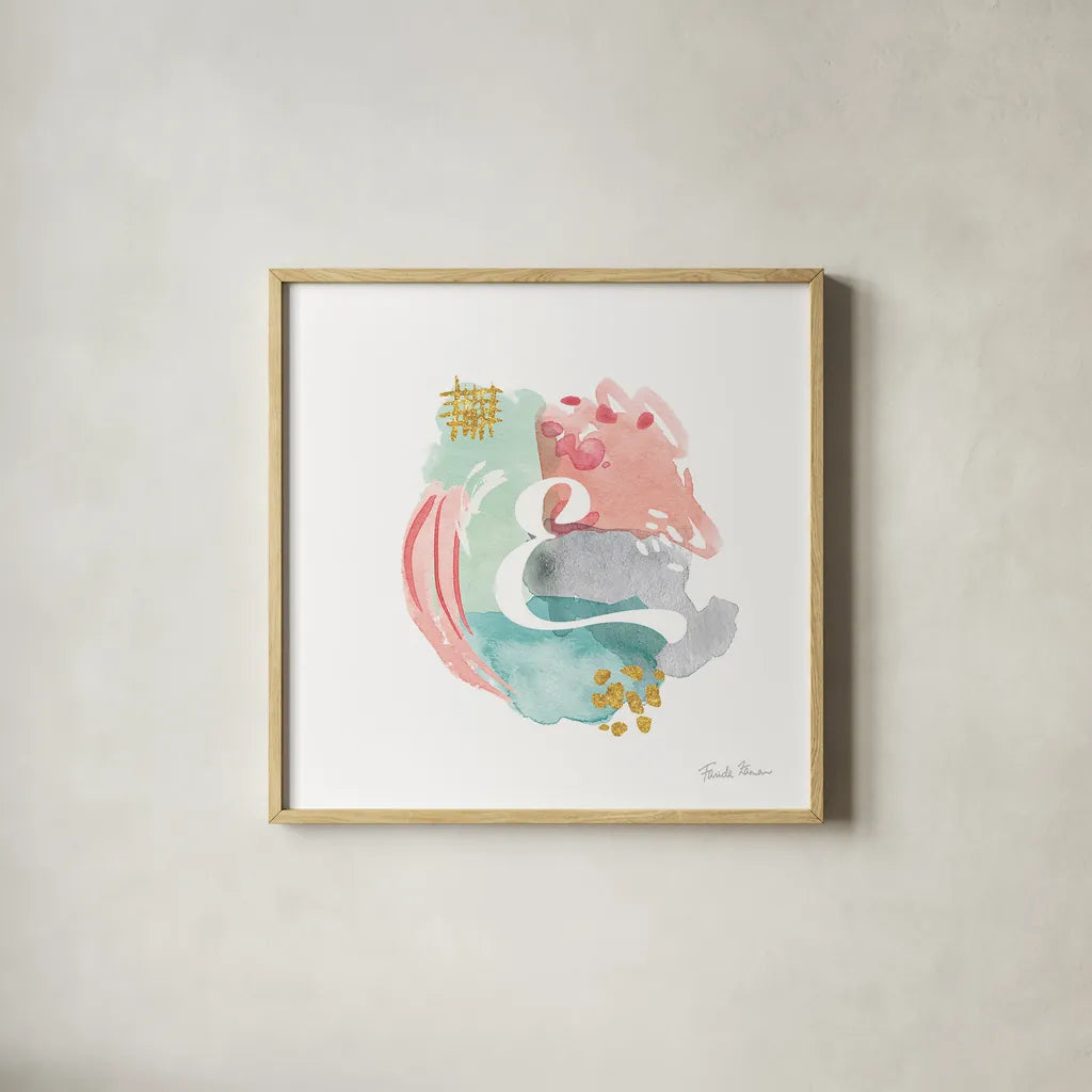 Abstract Monogram E by Farida Zaman. Shown in a natural wood glass frame for a timeless modern aesthetic. Available as an archival giclee rolled canvas, fine art paper, or poster print. SKU 48435a.