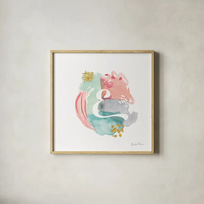 Abstract Monogram E by Farida Zaman. Shown in a natural wood glass frame for a timeless modern aesthetic. Available as an archival giclee rolled canvas, fine art paper, or poster print. SKU 48435a.