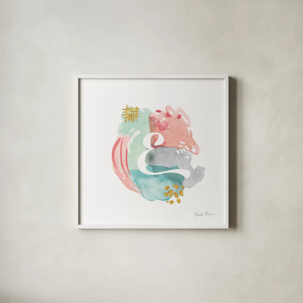 Abstract Monogram E by Farida Zaman. Shown in a crisp white glass frame for a clean and minimalist style. Available as an archival giclee rolled canvas, fine art paper, or poster print. SKU 48435a.