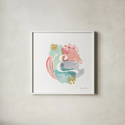Abstract Monogram E by Farida Zaman. Shown in a crisp white glass frame for a clean and minimalist style. Available as an archival giclee rolled canvas, fine art paper, or poster print. SKU 48435a.