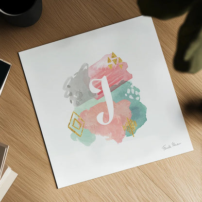 Abstract Monogram J by Farida Zaman. Shown as a detailed flat fine art print, highlighting archival giclee quality. Available as an archival giclee rolled canvas, fine art paper, or poster print. SKU 48436a.