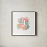 Abstract Monogram J by Farida Zaman. Shown in a sleek black glass frame for a contemporary gallery look. Available as an archival giclee rolled canvas, fine art paper, or poster print. SKU 48436a.