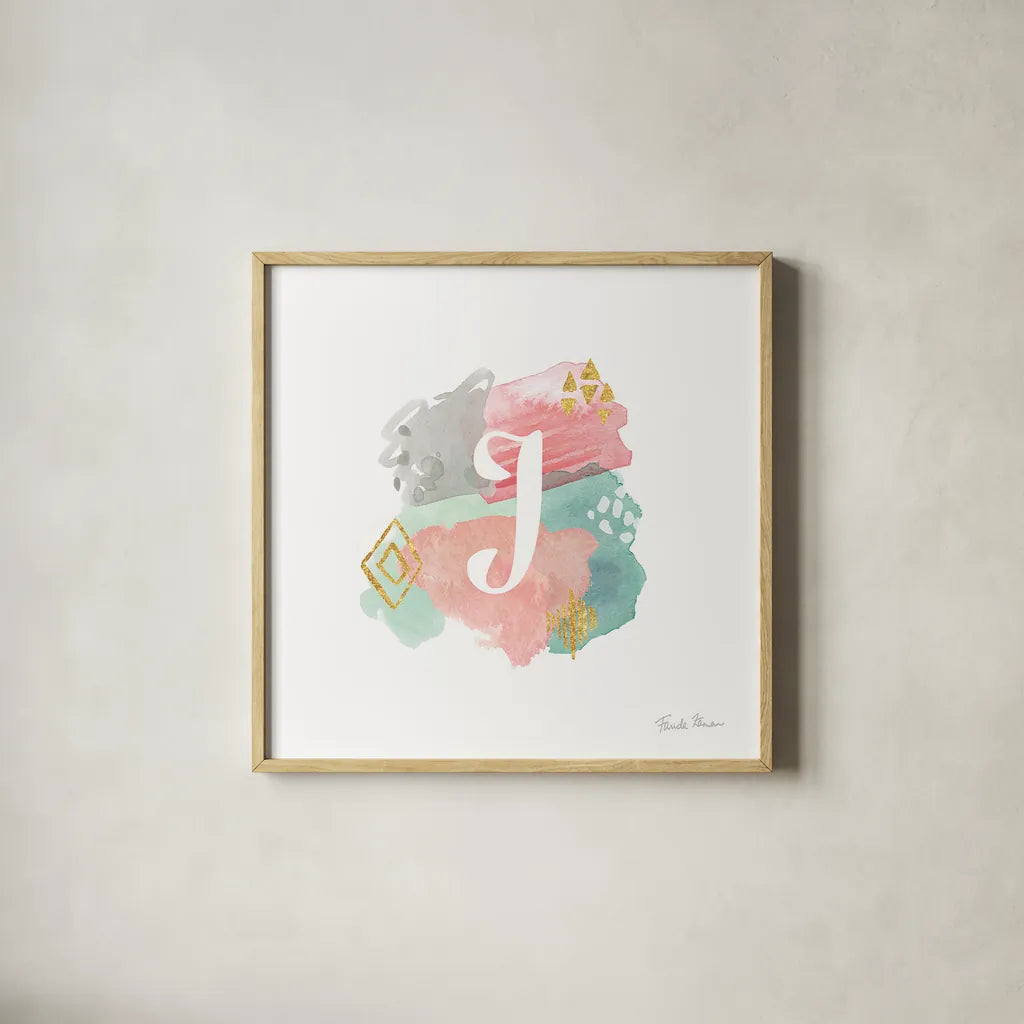 Abstract Monogram J by Farida Zaman. Shown in a natural wood glass frame for a timeless modern aesthetic. Available as an archival giclee rolled canvas, fine art paper, or poster print. SKU 48436a.