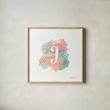 Abstract Monogram J by Farida Zaman. Shown in a natural wood glass frame for a timeless modern aesthetic. Available as an archival giclee rolled canvas, fine art paper, or poster print. SKU 48436a.