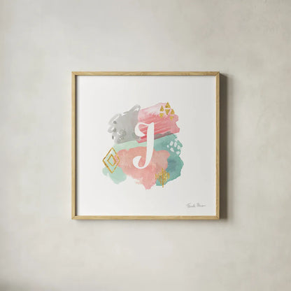 Abstract Monogram J by Farida Zaman. Shown in a natural wood glass frame for a timeless modern aesthetic. Available as an archival giclee rolled canvas, fine art paper, or poster print. SKU 48436a.