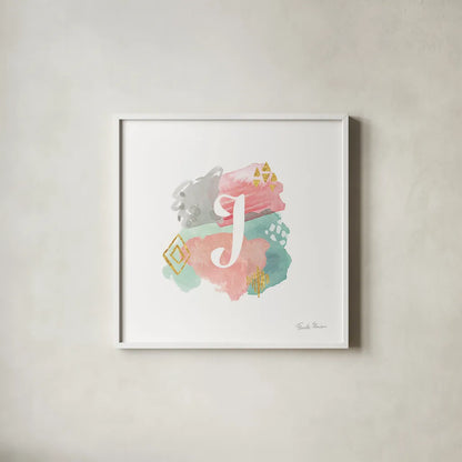 Abstract Monogram J by Farida Zaman. Shown in a crisp white glass frame for a clean and minimalist style. Available as an archival giclee rolled canvas, fine art paper, or poster print. SKU 48436a.