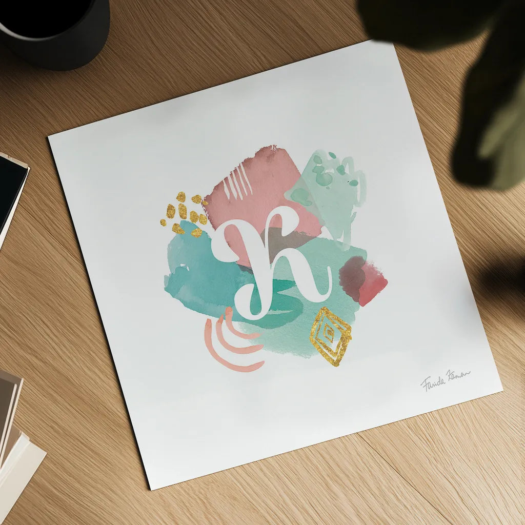 Abstract Monogram K by Farida Zaman. Shown as a detailed flat fine art print, highlighting archival giclee quality. Available as an archival giclee rolled canvas, fine art paper, or poster print. SKU 48437a.