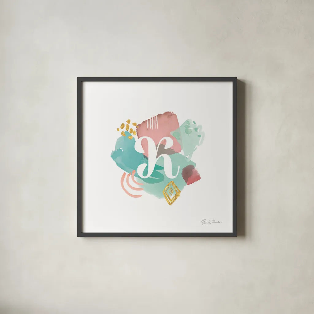 Abstract Monogram K by Farida Zaman. Shown in a sleek black glass frame for a contemporary gallery look. Available as an archival giclee rolled canvas, fine art paper, or poster print. SKU 48437a.