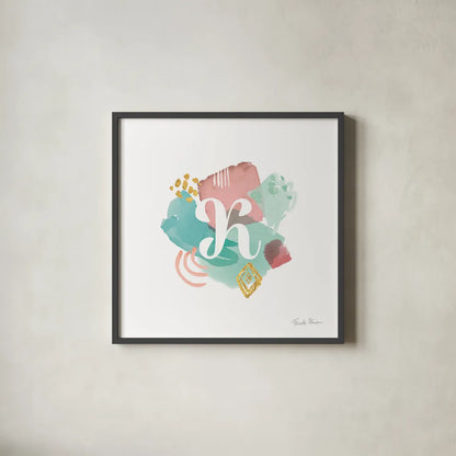 Abstract Monogram K by Farida Zaman. Shown in a sleek black glass frame for a contemporary gallery look. Available as an archival giclee rolled canvas, fine art paper, or poster print. SKU 48437a.