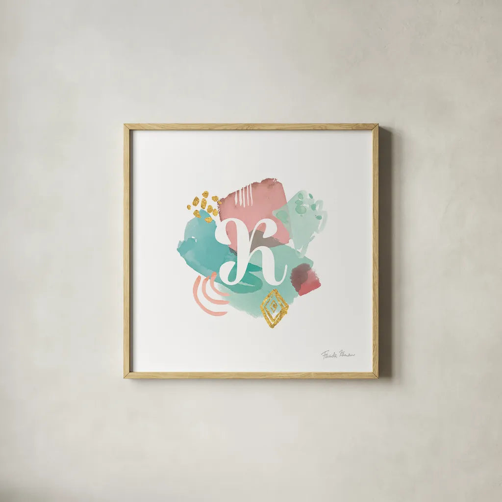 Abstract Monogram K by Farida Zaman. Shown in a natural wood glass frame for a timeless modern aesthetic. Available as an archival giclee rolled canvas, fine art paper, or poster print. SKU 48437a.