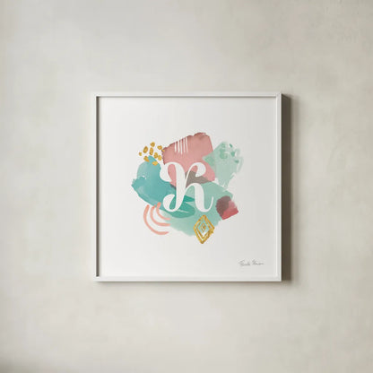 Abstract Monogram K by Farida Zaman. Shown in a crisp white glass frame for a clean and minimalist style. Available as an archival giclee rolled canvas, fine art paper, or poster print. SKU 48437a.
