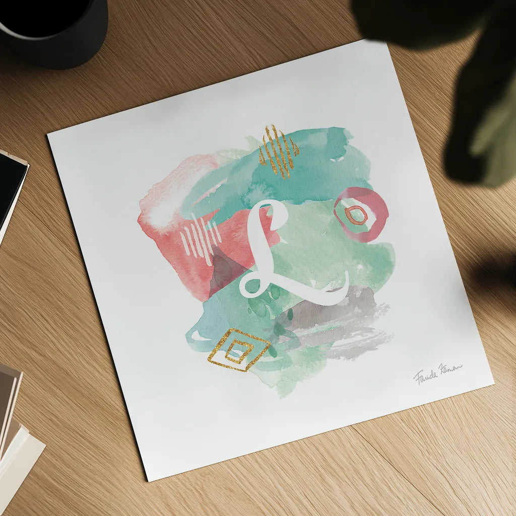 Abstract Monogram L by Farida Zaman. Shown as a detailed flat fine art print, highlighting archival giclee quality. Available as an archival giclee rolled canvas, fine art paper, or poster print. SKU 48438a.