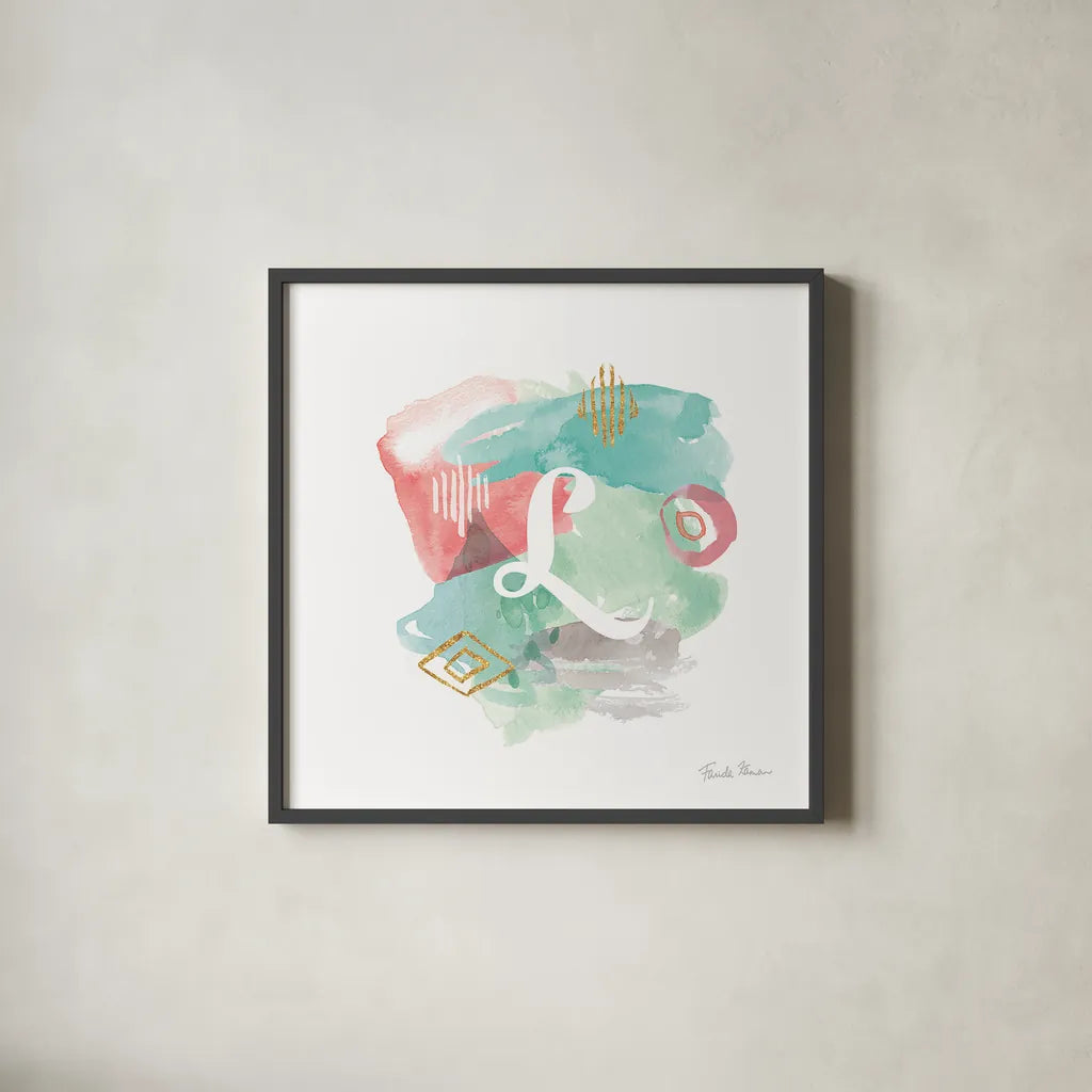 Abstract Monogram L by Farida Zaman. Shown in a sleek black glass frame for a contemporary gallery look. Available as an archival giclee rolled canvas, fine art paper, or poster print. SKU 48438a.
