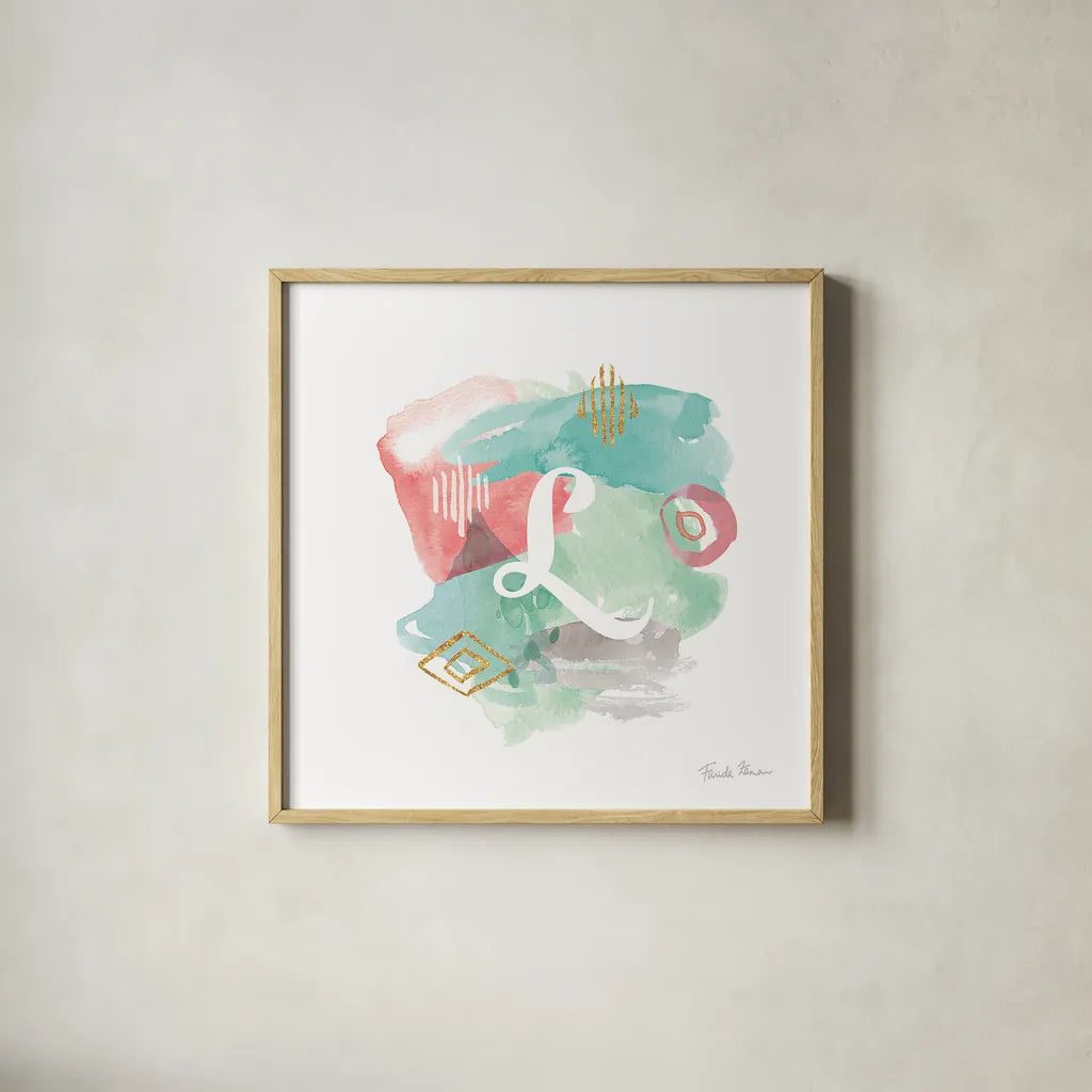 Abstract Monogram L by Farida Zaman. Shown in a natural wood glass frame for a timeless modern aesthetic. Available as an archival giclee rolled canvas, fine art paper, or poster print. SKU 48438a.