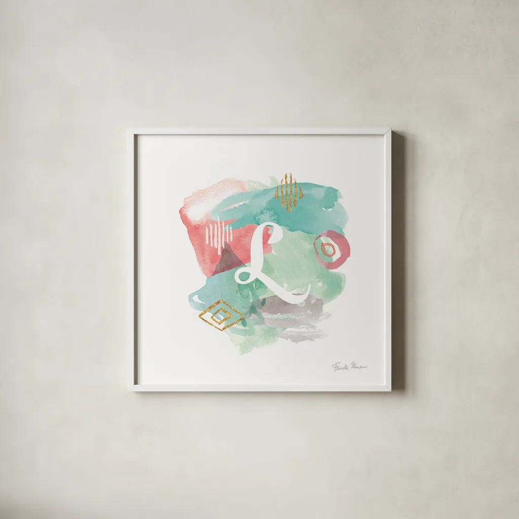 Abstract Monogram L by Farida Zaman. Shown in a crisp white glass frame for a clean and minimalist style. Available as an archival giclee rolled canvas, fine art paper, or poster print. SKU 48438a.