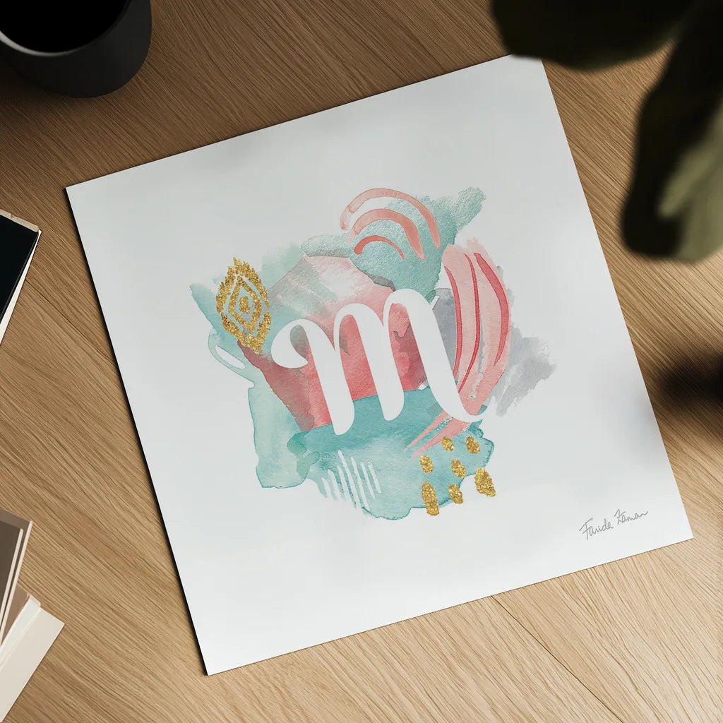 Abstract Monogram M by Farida Zaman. Shown as a detailed flat fine art print, highlighting archival giclee quality. Available as an archival giclee rolled canvas, fine art paper, or poster print. SKU 48439a.