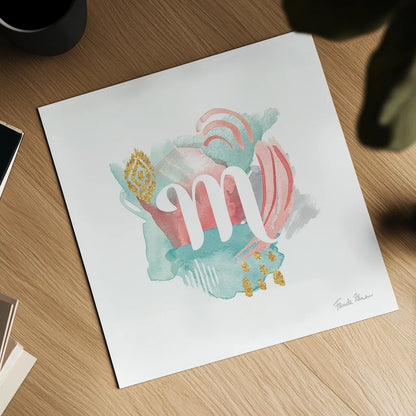 Abstract Monogram M by Farida Zaman. Shown as a detailed flat fine art print, highlighting archival giclee quality. Available as an archival giclee rolled canvas, fine art paper, or poster print. SKU 48439a.