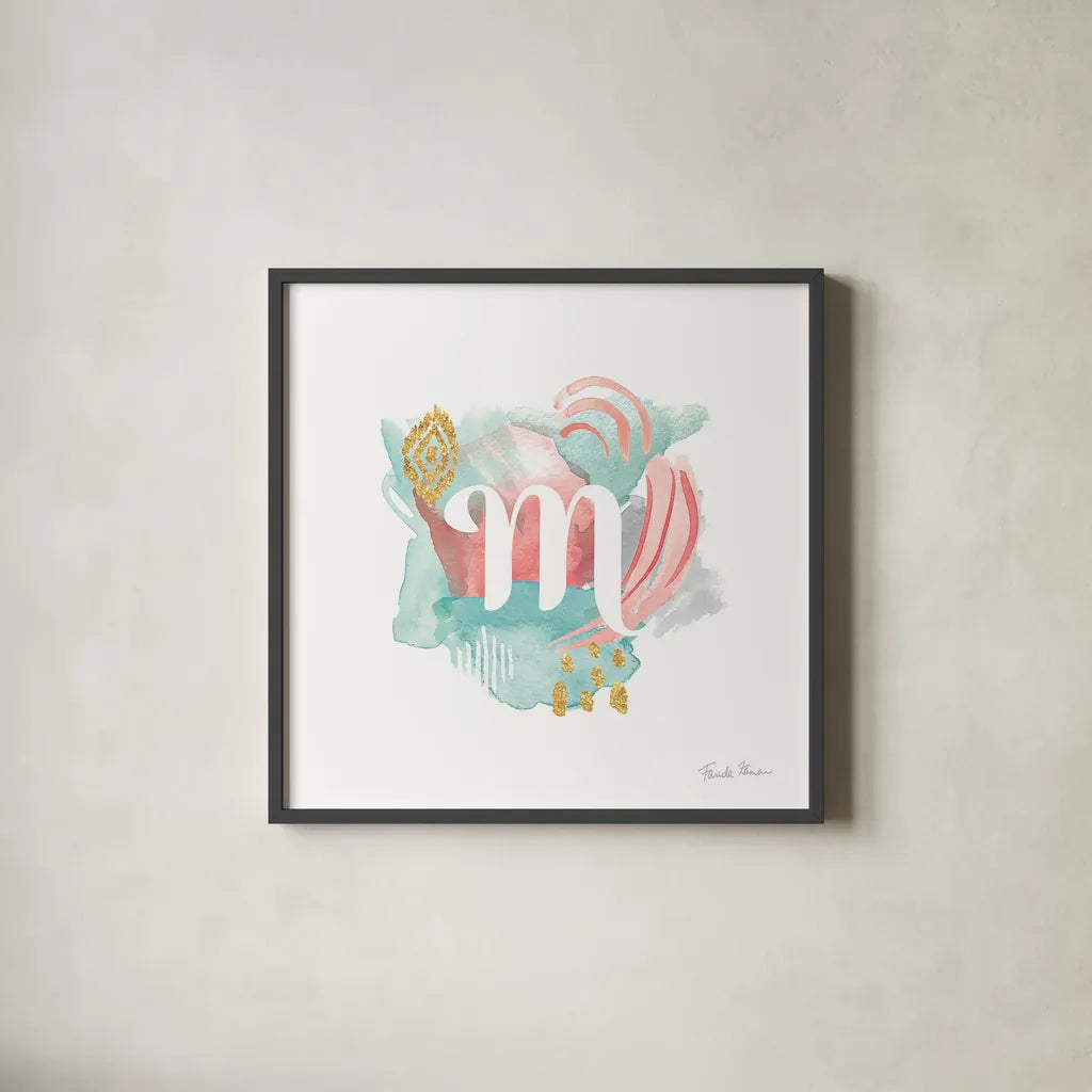 Abstract Monogram M by Farida Zaman. Shown in a sleek black glass frame for a contemporary gallery look. Available as an archival giclee rolled canvas, fine art paper, or poster print. SKU 48439a.