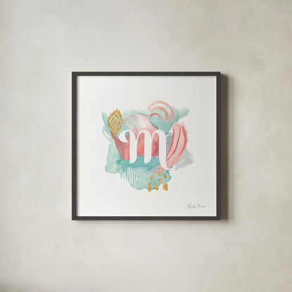 Abstract Monogram M by Farida Zaman. Shown in a sleek black glass frame for a contemporary gallery look. Available as an archival giclee rolled canvas, fine art paper, or poster print. SKU 48439a.