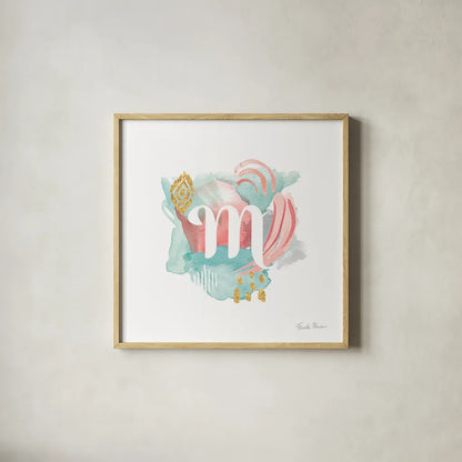 Abstract Monogram M by Farida Zaman. Shown in a natural wood glass frame for a timeless modern aesthetic. Available as an archival giclee rolled canvas, fine art paper, or poster print. SKU 48439a.