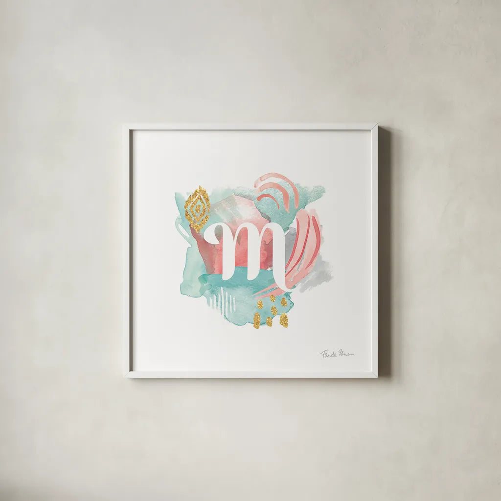 Abstract Monogram M by Farida Zaman. Shown in a crisp white glass frame for a clean and minimalist style. Available as an archival giclee rolled canvas, fine art paper, or poster print. SKU 48439a.
