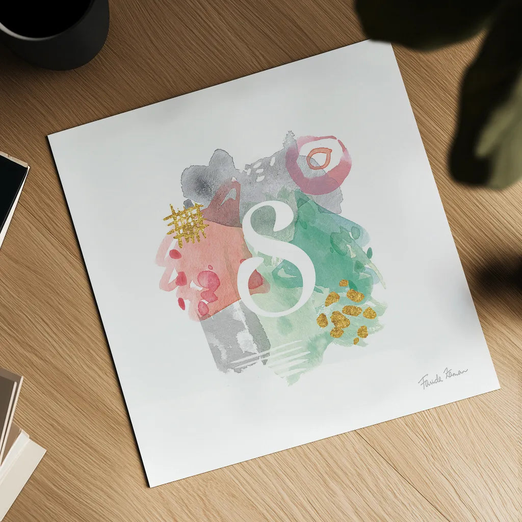 Abstract Monogram S by Farida Zaman. Shown as a detailed flat fine art print, highlighting archival giclee quality. Available as an archival giclee rolled canvas, fine art paper, or poster print. SKU 48440a.
