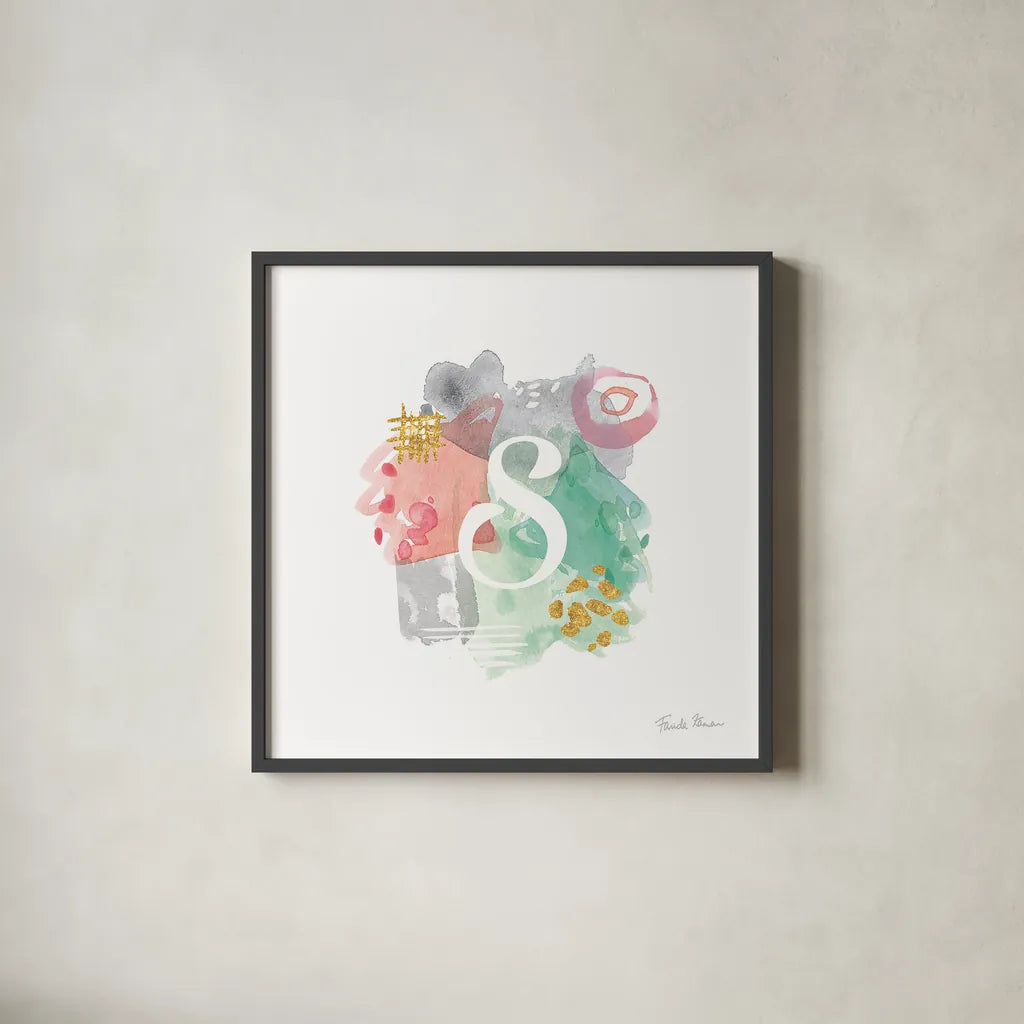 Abstract Monogram S by Farida Zaman. Shown in a sleek black glass frame for a contemporary gallery look. Available as an archival giclee rolled canvas, fine art paper, or poster print. SKU 48440a.