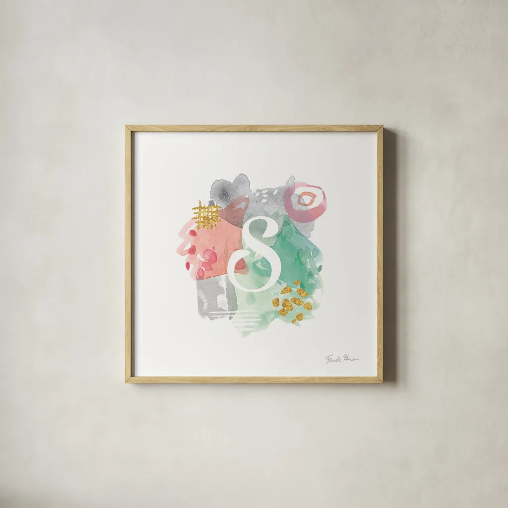 Abstract Monogram S by Farida Zaman. Shown in a natural wood glass frame for a timeless modern aesthetic. Available as an archival giclee rolled canvas, fine art paper, or poster print. SKU 48440a.